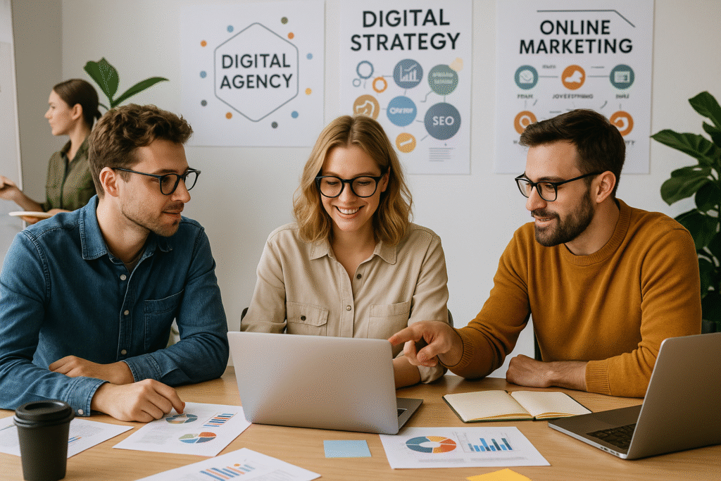 3 mensen van een digital agency aan het werk voor een klant. ze zien er vrolijk uit