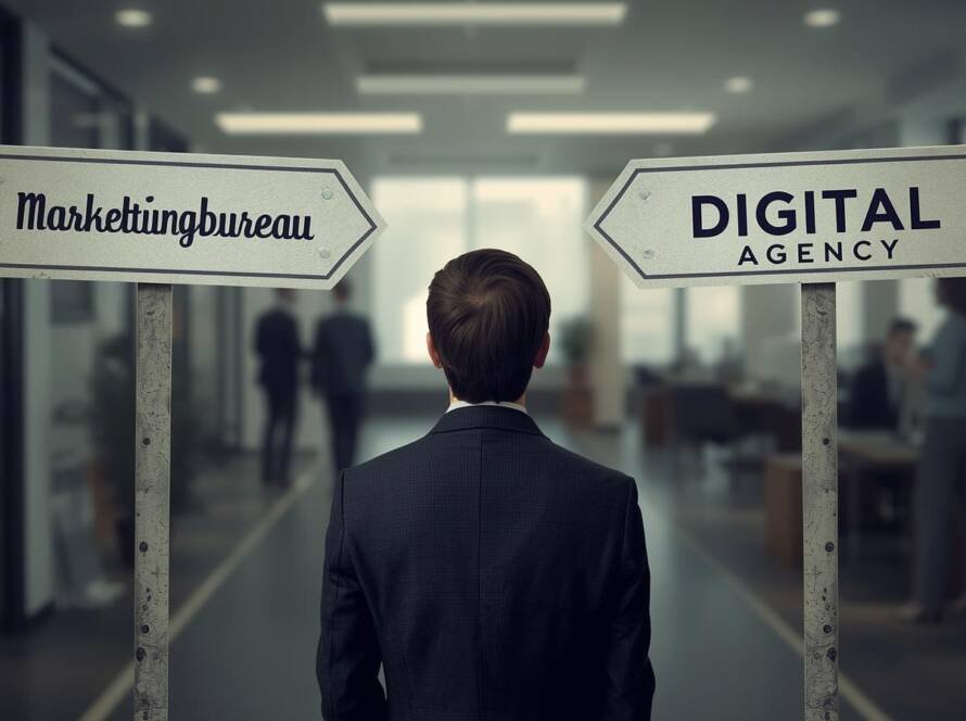 iemand die twijfelt de kiezen tussen een marketingbureau en een digital agency
