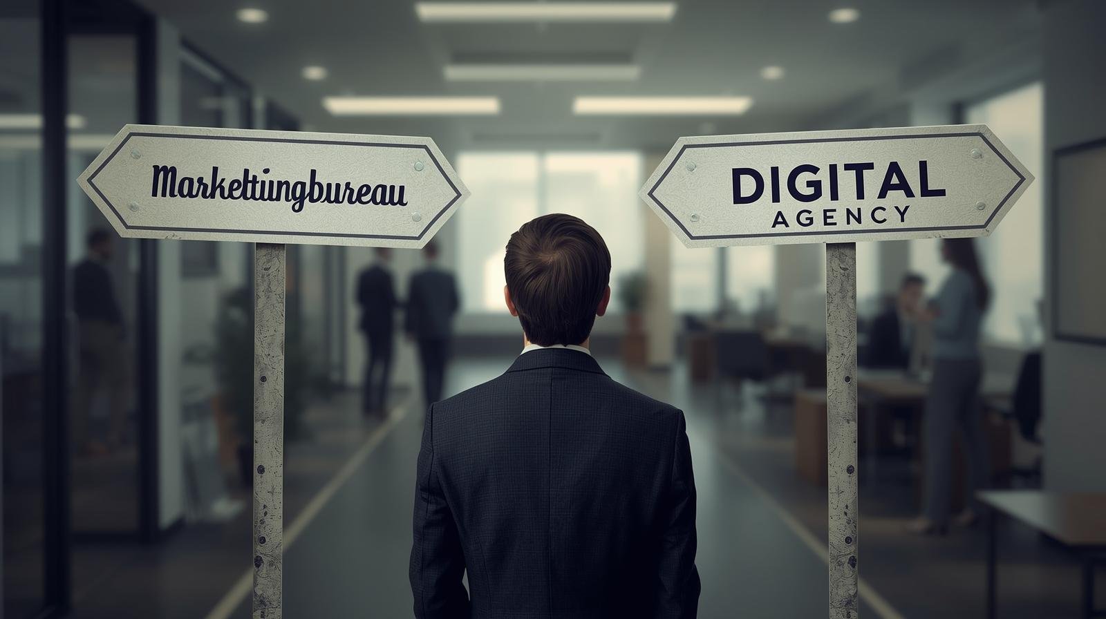 iemand die twijfelt de kiezen tussen een marketingbureau en een digital agency