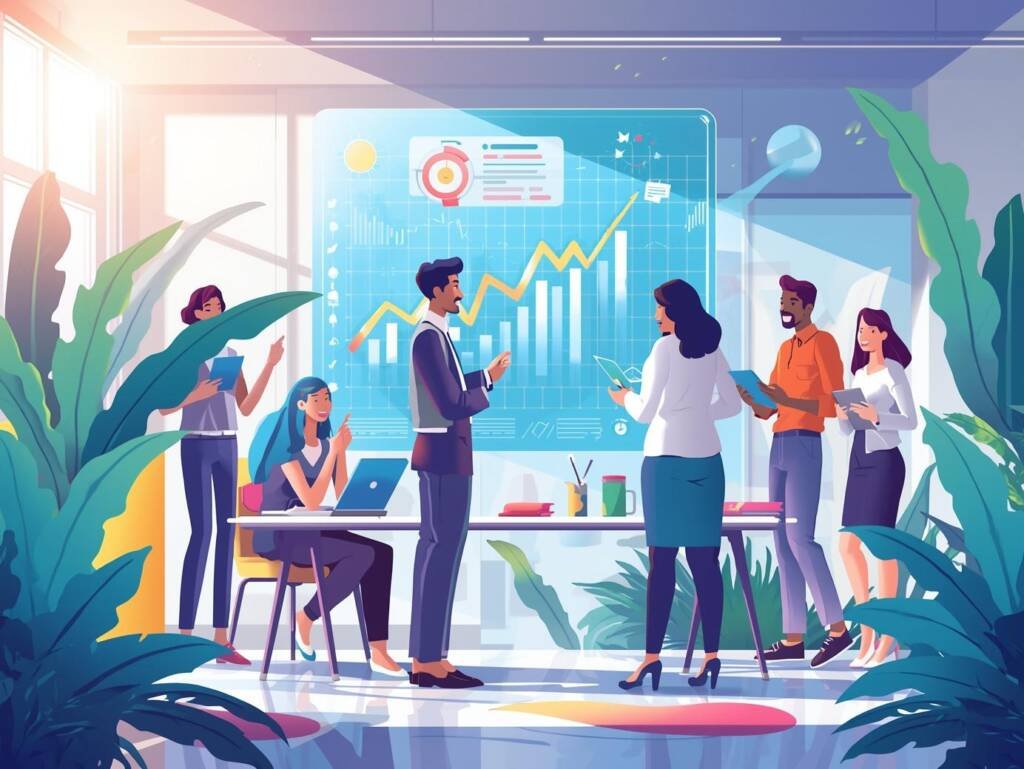 Getekende mensen die werken voor een digital agency over innovatie in het bedrijfsleven