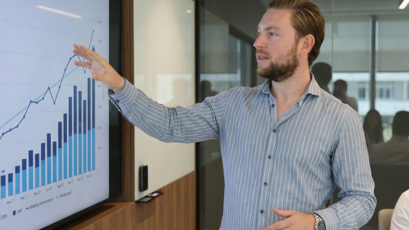 Michel presenteert de groei van een bedrijf