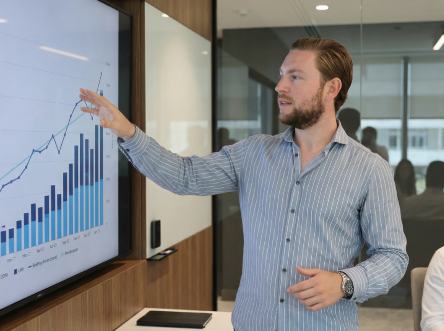 Michel presenteert de groei van een bedrijf