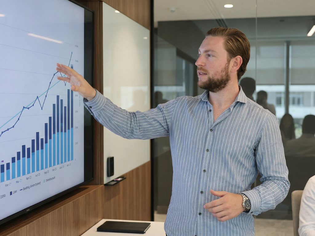 Michel presenteert de groei van een bedrijf